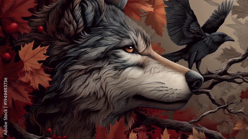 Naklejka premium Detailed Illustration of a Wolf in an Autumn Forest Setting