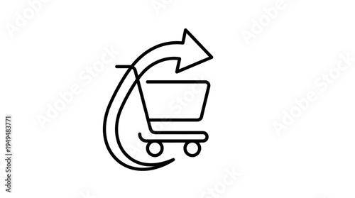 Simple black line icon representing product return, refund, exchange, or purchase cycle concept isolated on white background.