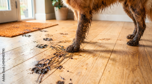 Dog leaving muddy paw prints on a wooden floor indoors. Close up of dirty pet legs and mud stains inside a home