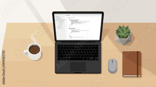 Flat lay illustration of a productive home office desk setup with laptop, coffee, succulent, and notebook.