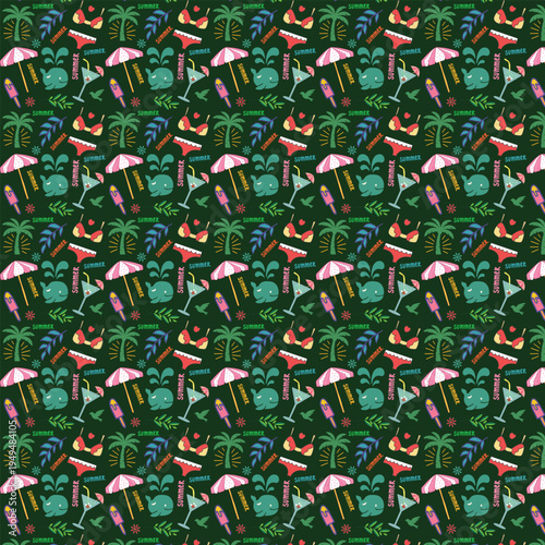 Seamless pattern with summer elements and cocktail on green
