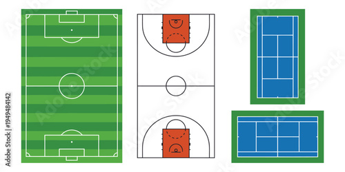 Top view vector set of sports fields including soccer field, basketball courts, and tennis courts isolated on white.