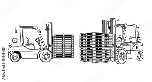 Two Forklifts Moving Pallets of Goods in a Warehouse Illustration.
