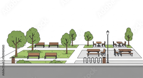 Urban park design with benches trees and tables illustration.