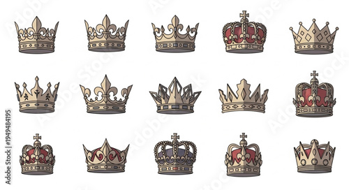 Collection of ornate royal crowns and regal headwear.