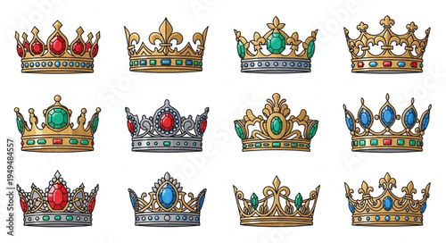Collection of Twelve Ornate Royal Crowns with Jewels.