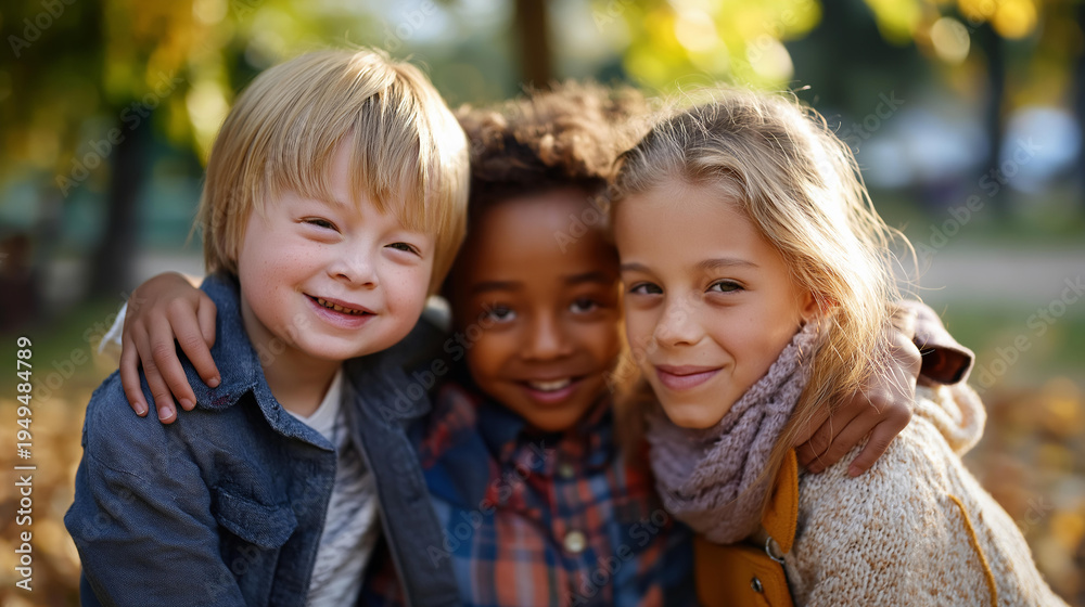 Fototapeta premium Three diverse children including a boy with Down syndrome smiling and hugging warmly in a park, inclusive friendship and happy childhood concept, defocused background, with copy