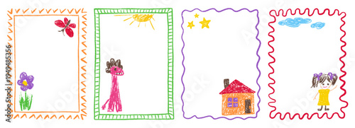 Kindergarten border box for frame crayon pastel and kid pencil text. Drawn drawing shape for heart birthday cute and child childish day. Kindergarten kids background for frame photo chalk.