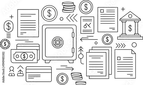 Financial icons including safe, bank, documents, and money symbols on transparent background