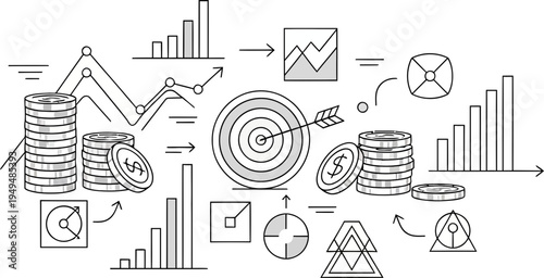 Business finance concept with coins, graphs, and target on transparent background