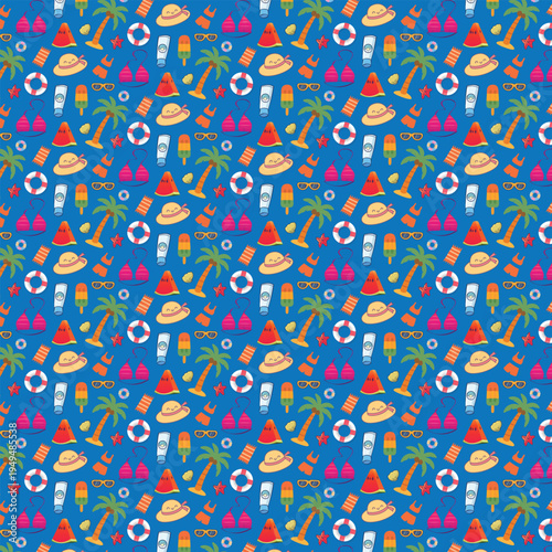 Colorful seamless pattern with summer beach elements and accessories