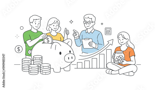 People strengthening financial awareness and savings habits together, several characters gathered around a large piggy bank beside stacked coins while a small upward arrow chart