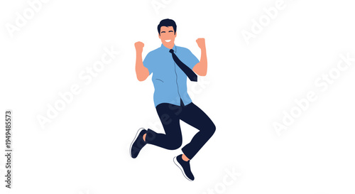 Excited young man in a blue shirt and tie jumping for joy in celebration of great success or some very good news.