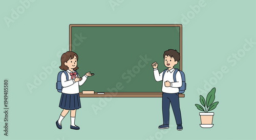 Two students in school uniforms standing in front of a green chalkboard in a classroom setting for their education.