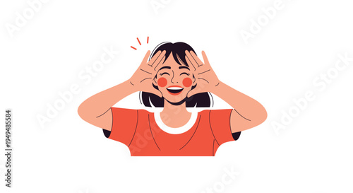 Happy young woman shouting or calling out with both hands around her mouth for a loud announcement or a cheer.