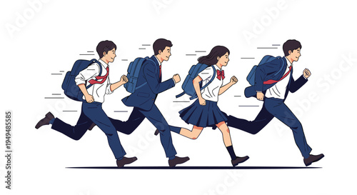 Group of students in school uniforms running fast with backpacks on a white background representing a school rush.