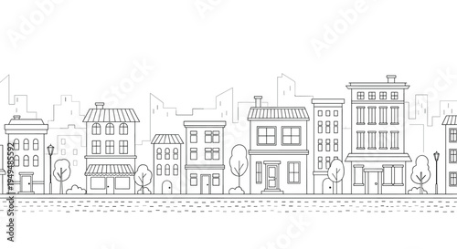 Simple black and white line art illustration of a city street with various buildings, houses, and some green trees.