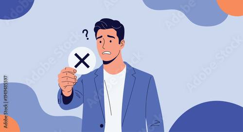 Concerned businessman in a blue suit holding a circular sign with an x mark indicating rejection or a wrong choice.