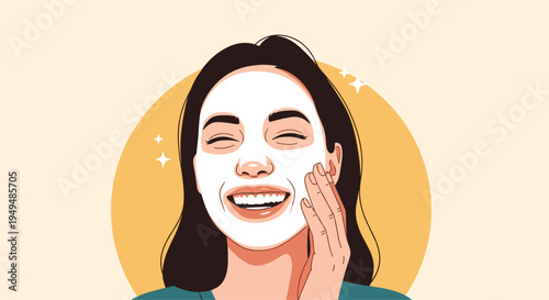 Joyful young woman enjoys a skincare treatment while wearing a white sheet mask against a warm yellow circular background.