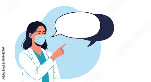 Professional female doctor wearing a surgical mask and white coat points toward a blank speech bubble for medical advice or information.