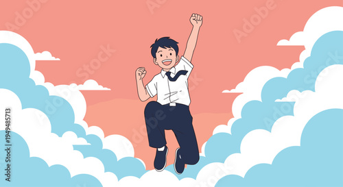 Enthusiastic school boy in a uniform jumps high into a sunset sky filled with soft clouds to celebrate his academic achievements.