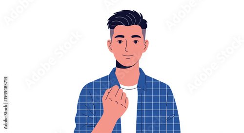 Confident young man in a blue plaid shirt makes a determined fist gesture as a sign of strength, motivation, or personal success.