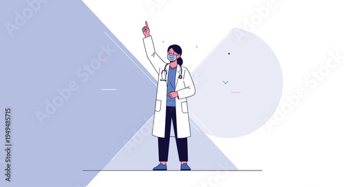 Female doctor wearing a medical mask and professional white coat points upwards while standing in an abstract geometric clinical setting.