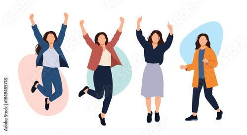 Diverse group of four women express happiness and freedom through jumping and energetic walking poses in a minimalist flat style.