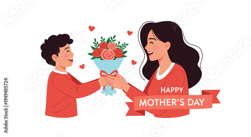 Happy young boy gives a beautiful bouquet of flowers to his smiling mother to celebrate a special Mother's Day together.
