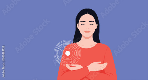Peaceful young woman meditates with her eyes closed as a glowing circular energy symbol radiates from her chest against a blue background.