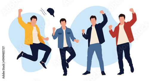 Group of four diverse young men celebrate their achievements by jumping and cheering in a dynamic and expressive flat illustration.