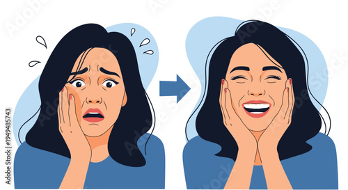Illustrative sequence showing a young woman experiencing a painful toothache followed by a state of relief and a happy smile.