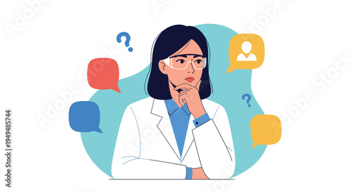 Contemplative female scientist in professional attire and goggles thinks deeply while surrounded by various speech bubbles and symbols.