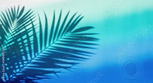 A serene digital illustration featuring a dark green palm tree leaf against a gradient blue and green background