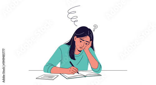 Stressed young female student leans on her hand while struggling with her studies and homework at a desk in a flat illustrative style.