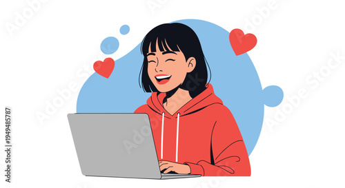 Happy young girl in a red hoodie uses a laptop computer while red heart icons float around her, symbolizing love or social media joy.