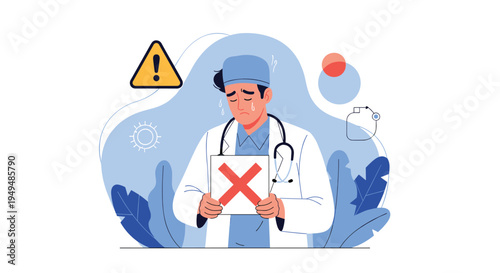 Sad male doctor in a surgical cap holds a document with a large red cross to deliver negative test results or diagnosis news.