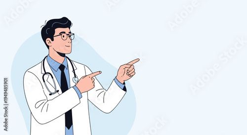 Male doctor in a white lab coat with a stethoscope points in two different directions to provide guidance or medical options.