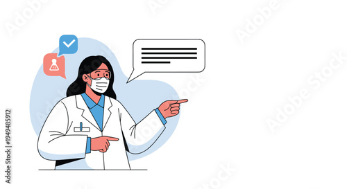 Female scientist or medical expert in a lab coat points towards a speech bubble and icons for laboratory data or research.