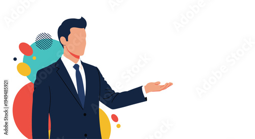 Professional businessman in a dark blue suit gestures with an open hand toward a blank area for presentation or advertisement.