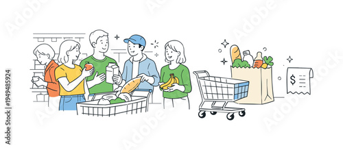 A casual community moment where people shop together at a local grocery store while selecting everyday items and interacting in a friendly retail environment, visual metaphor of a