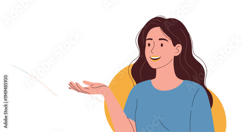 Cheerful young woman with long wavy hair gestures with an open hand toward copy space while smiling against a yellow background.