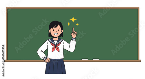 Diligent schoolgirl in a uniform points her finger up in front of a green chalkboard with sparkling stars above her head.
