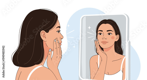 Beautiful woman looks into a mirror to admire her clear and healthy skin after a successful skincare routine or beauty treatment.