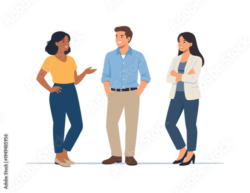 A human diversity concept illustrating people in relaxed standing poses commonly used in lifestyle and business visuals, symbolized by three individuals standing with casual body