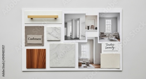 A collage of interior design elements, including various textures and materials like wood, marble, and beige surfaces, along with inspirational phrases, on a plain background