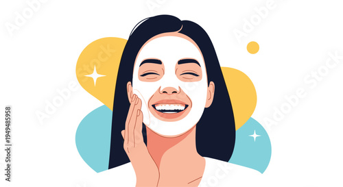 Happy young woman applies a white cosmetic face mask and smiles with joy while enjoying her skincare and self-care routine.