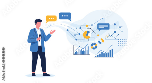 Male presenter in a blue jacket uses a microphone and gestures toward complex data charts and financial graphs on a screen.