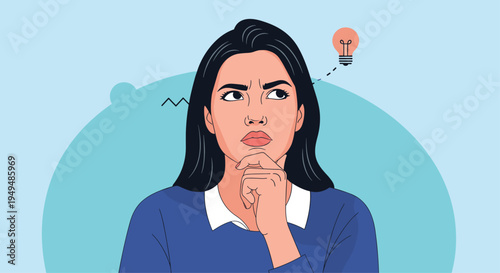Thoughtful woman looks upward while touching her chin as a lightbulb icon appears to represent a new idea or inspiration.