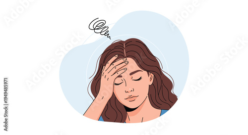 Stressed woman with closed eyes touches her forehead while a scribble icon above her head represents a headache or mental fatigue.